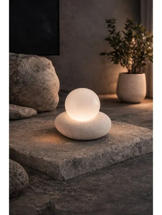 New White Modern Stone Sphere Nightstand Table Lamp Modern Retro Style Light - Picture 2 of 4
